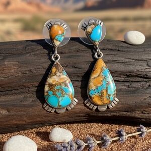 Vintage Sterling Silver Spiny Oyster & Turquoise Dangle Earrings